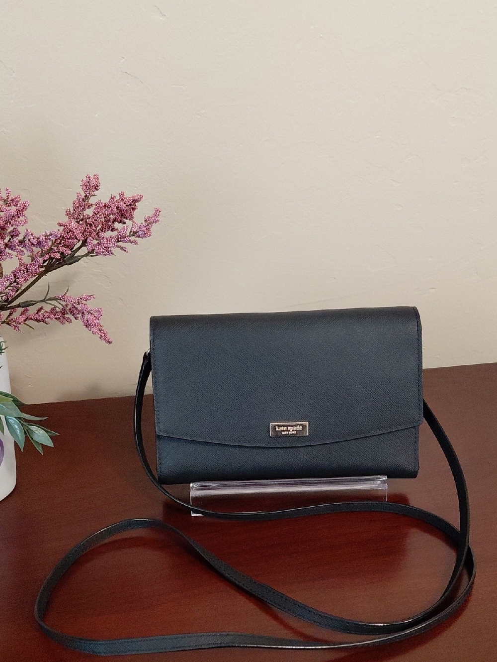 kate Spade Black Saffiano Leather Crossbody with Gold Logo
